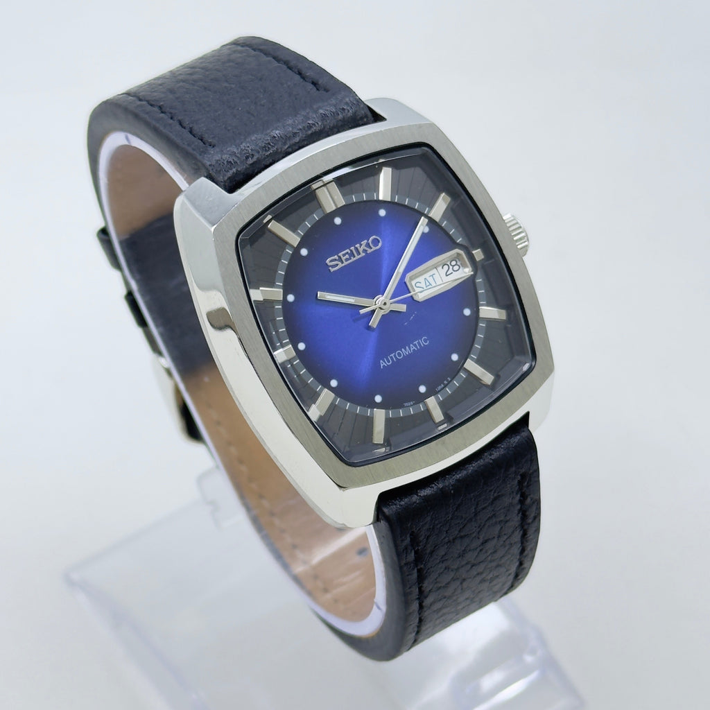 Vintage Style Watch - Seiko Automatic 21 Jewels Blue Dial Day Date Mod