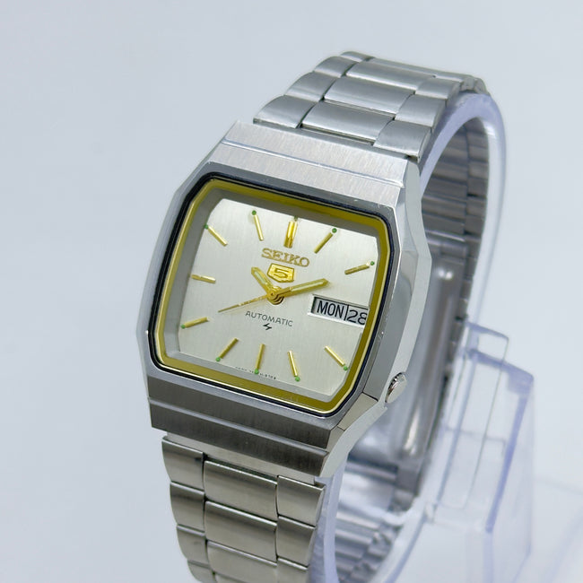 Vintage Seiko 5 Square Automatic Wristwatch – Silver & Gold Accents Hover Image