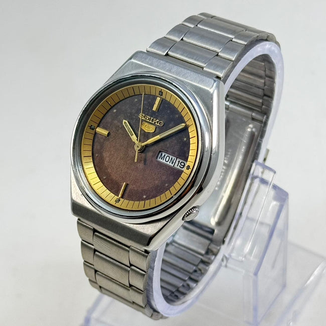Vintage Seiko 5 Automatic Watch 17 Jewels Brown Dial Day-Date Japan Made. Hover Image