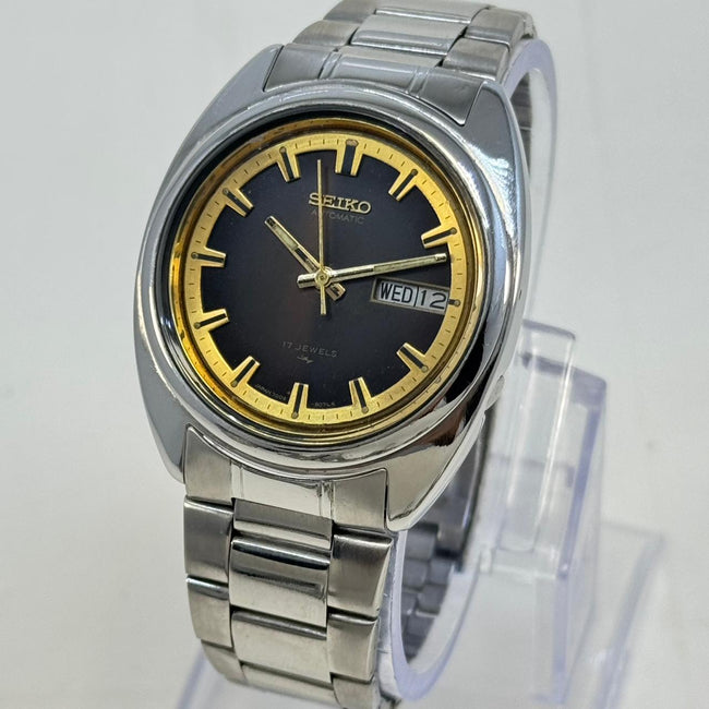 Vintage Men's Watch Seiko 5 Automatic Brown Dial Day-Date Original Japan Made Hover Image