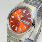 Seiko 5 Automatic – Orange Sunburst Dial Vintage Style Day-Date Men’s Watch.