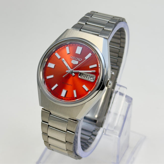 Seiko 5 Automatic – Orange Sunburst Dial Vintage Style Day-Date Men’s Watch Hover Image